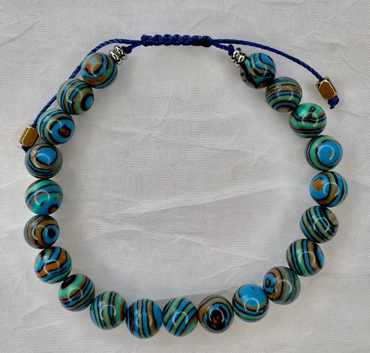 8mm Blue Malachite with Stainless Steel and Ethiopian Brass Bracelet