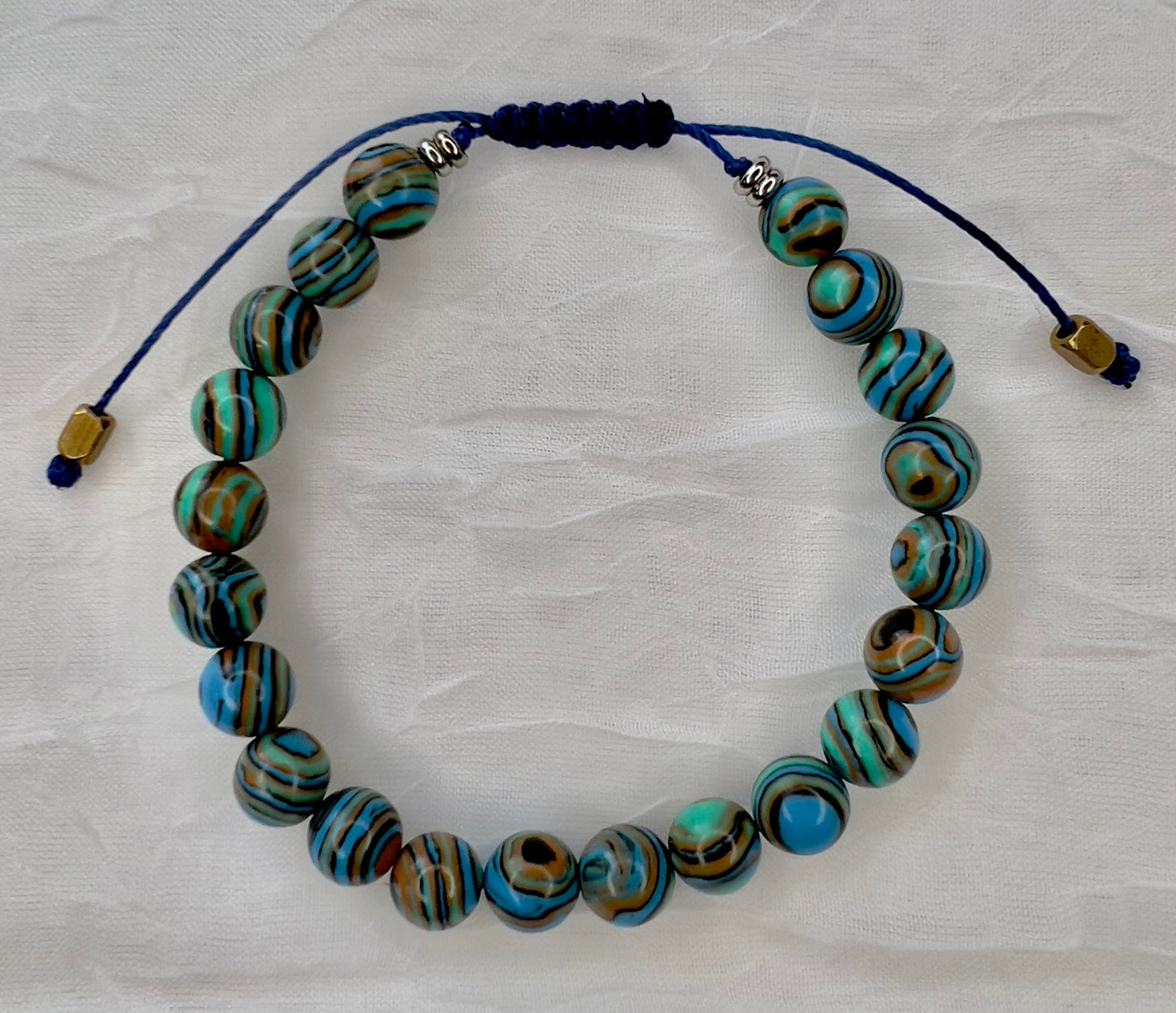8mm Blue Malachite with Stainless Steel and Ethiopian Brass Bracelet